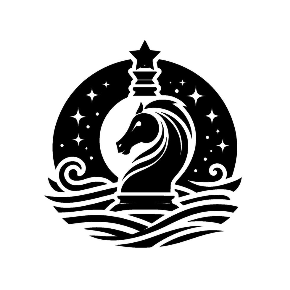Black and White Stellar Knight Chess Piece Crest A celestial night sky circle framing a chess knight above stylized ocean waves. vector