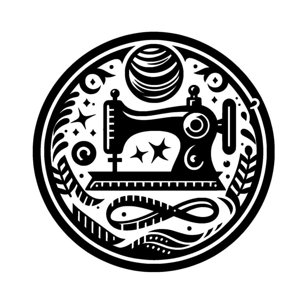 Circular Black and White Emblem Sewing Machine with Decorative Elements including Planet and Ribbon. vector