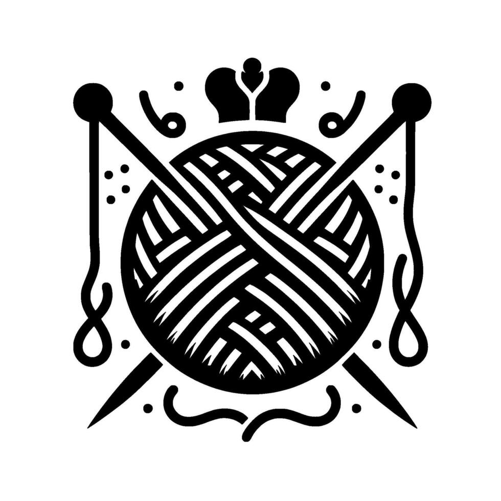 Royal Knitting Crest Elegant Black and White Illustration of Yarn Ball, Crossed Needles, and a Crown, Exuding Craftsmanship. vector