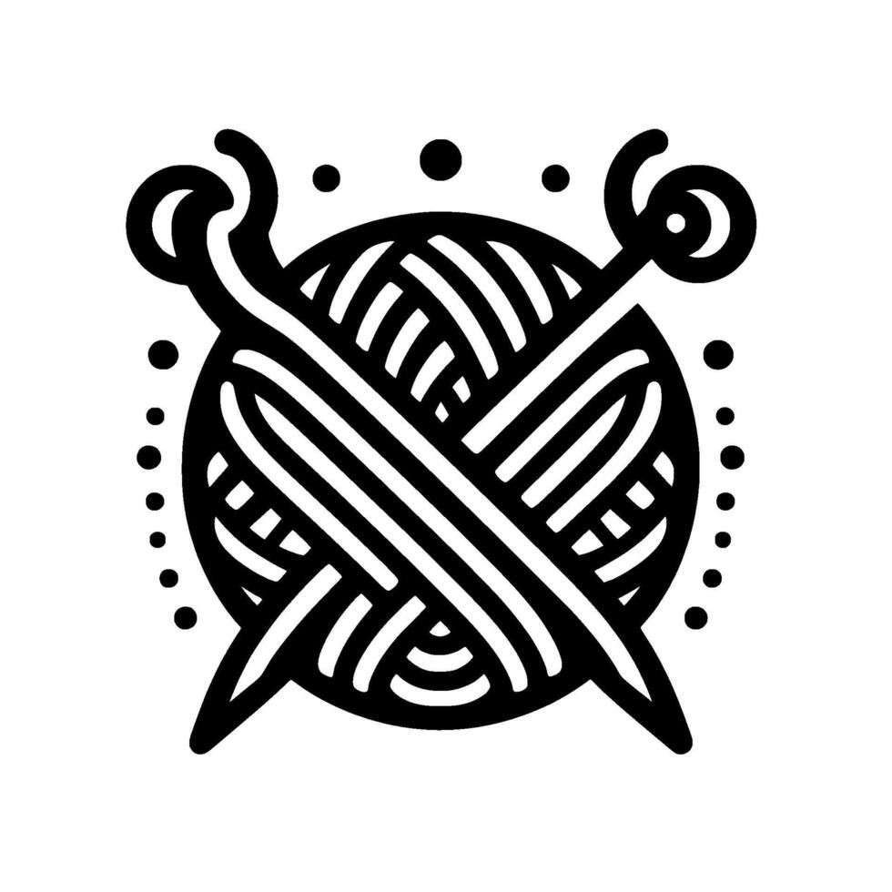 Abstract black and white illustration of a yarn ball with crossed knitting needles, surrounded by dot embellishments. vector