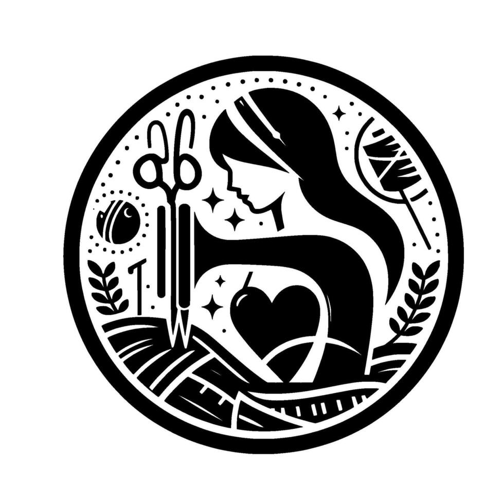 Elegant Black and White Circular Emblem A Seamstress Silhouette with Scissors, Heart, and Nature Elements, Representing Craftsmanship vector