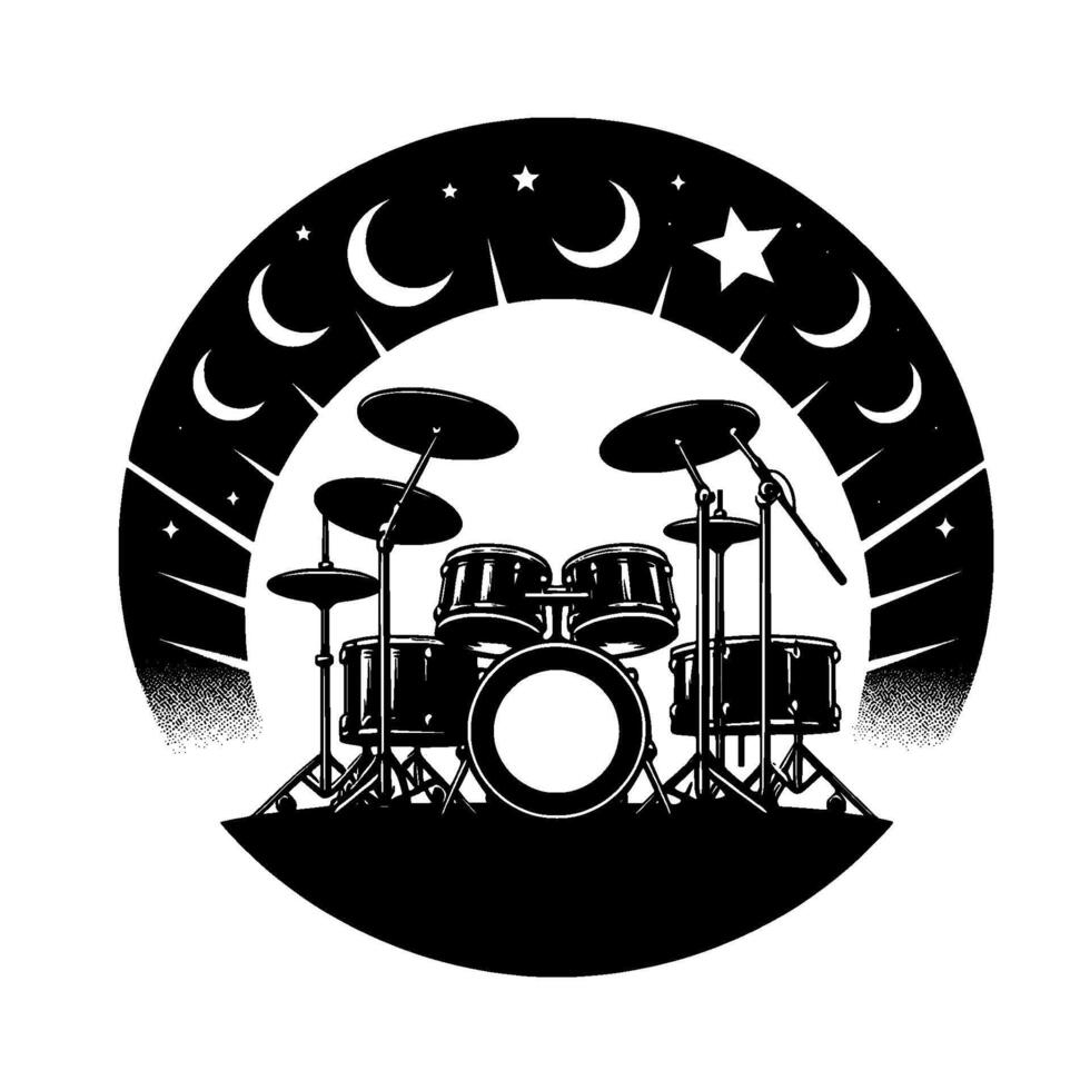 Monochromatic circular illustration of a drum set silhouetted against a stylized night sky featuring moons, stars, and radiating light. vector