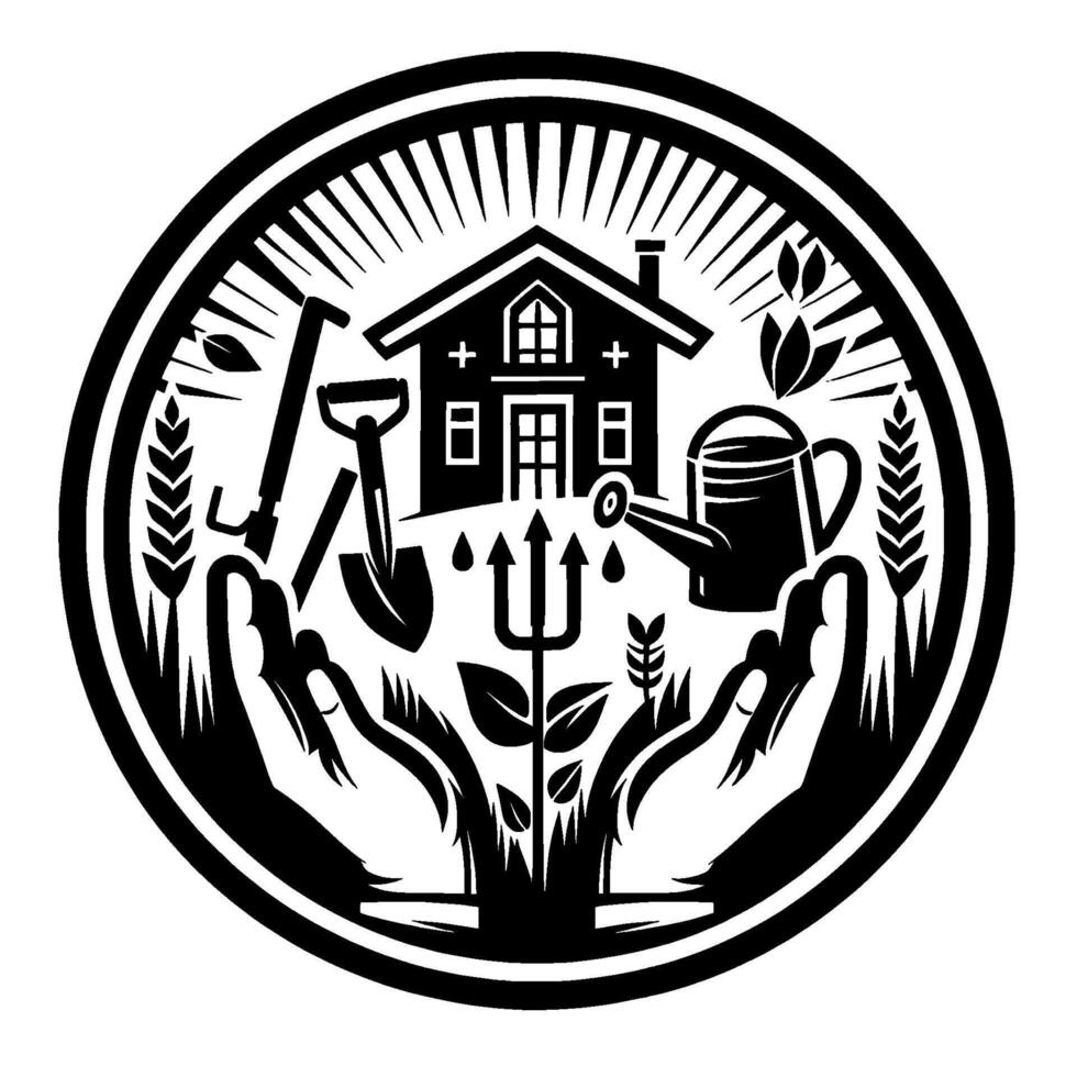 Circular black and white emblem of a house, gardening tools, and plants cradled in hands, symbolizing care and growth. vector