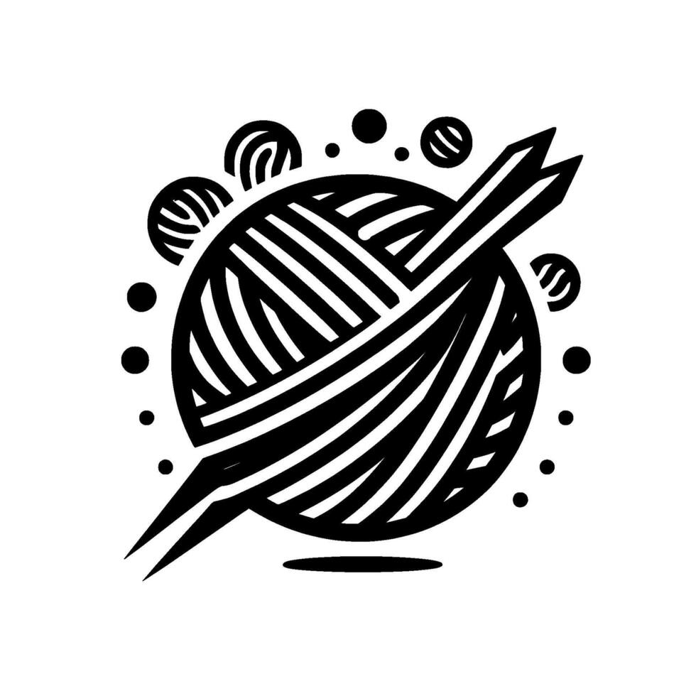 Bold black and white illustration of a yarn ball with knitting needles and scattered abstract elements. vector