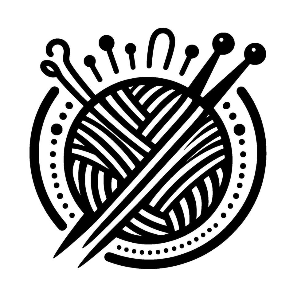 Monochromatic Circular Emblem Yarn Ball with Knitting Needles, Crochet Hooks, and Dotted Border in a Minimalist Style. vector