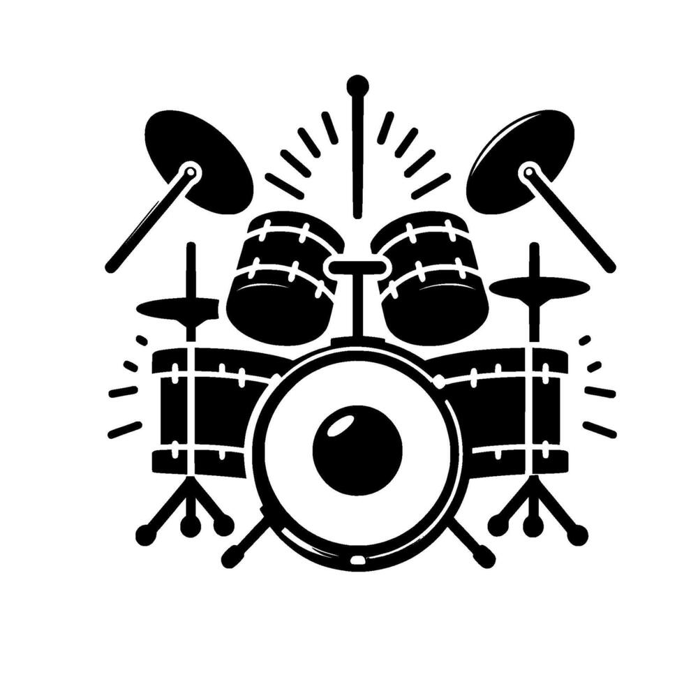 Stylized Black and White Drum Kit Illustration with Radial Burst Accents, Drumsticks, and Detailed Drum Elements. vector