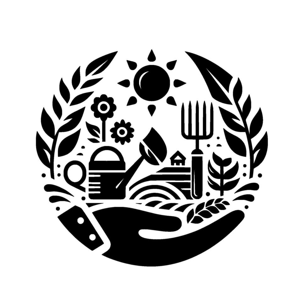 A black and white circular emblem showcasing a hand cradling a garden scene, complete with flowers, tools, sun, and foliage. vector
