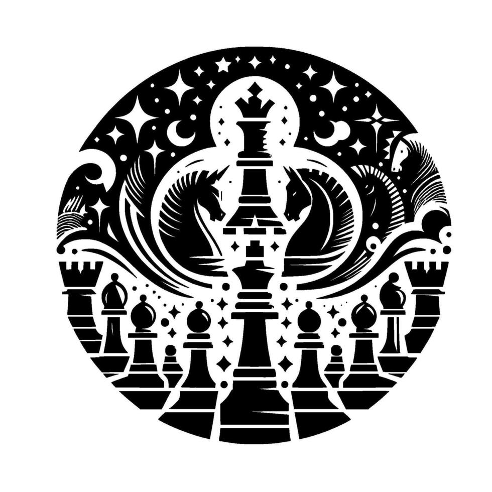 Stylized, monochrome chess board art in a circular composition. Features king, queen, knight, stars, and a moon, within a black and white . vector
