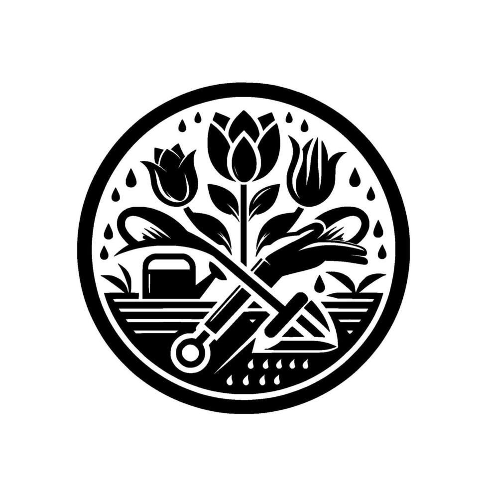 Circular Black and White Garden Emblem Tulips, Watering Can, Trowel, Hand, Raindrops, and Planting Beds, within a Floral Motif. vector