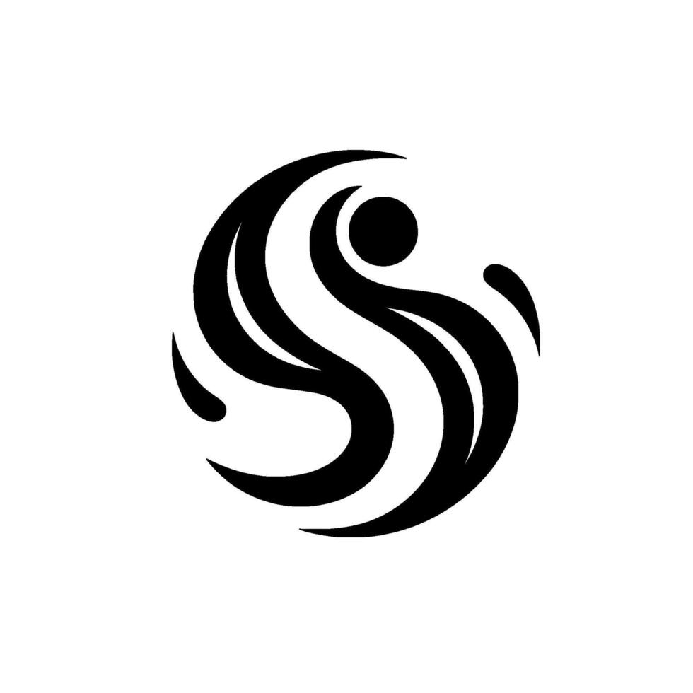 Black and White Abstract Symbol Depicting a Humanoid Figure in a Swirling, Circular , Suggesting Motion and Balance. vector