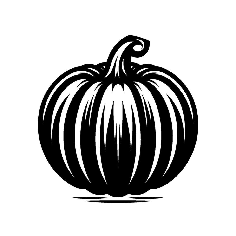 Bold Black and White Stylized Illustration of a Pumpkin with a Curled Stem on a White Background, Highlighting Lines. vector