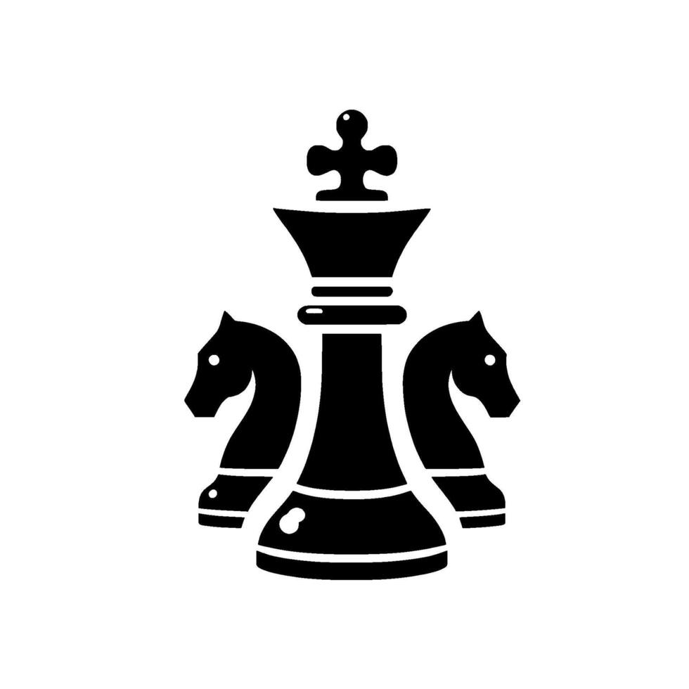 A symmetrical minimalist emblem featuring a chess king piece flanked by two chess knight pieces, rendered in bold black against a clean white backdrop. vector