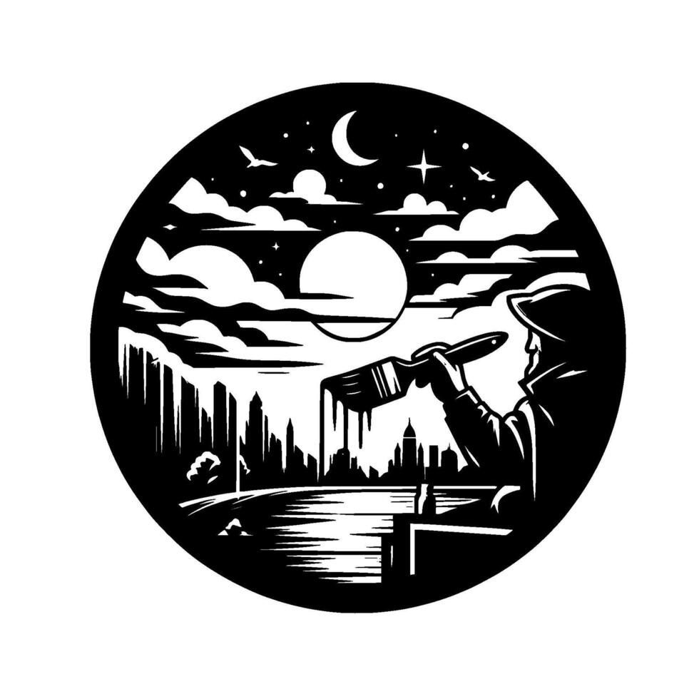 Black and White Circle Illustration Artist Painting a City Skyline Under a Night Sky with Moon, Clouds, and Stars vector
