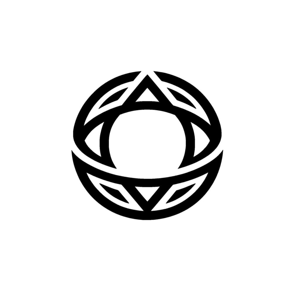 Intricate geometric black and white illustration of interconnected shapes forming a circular symmetrical with a central void. vector
