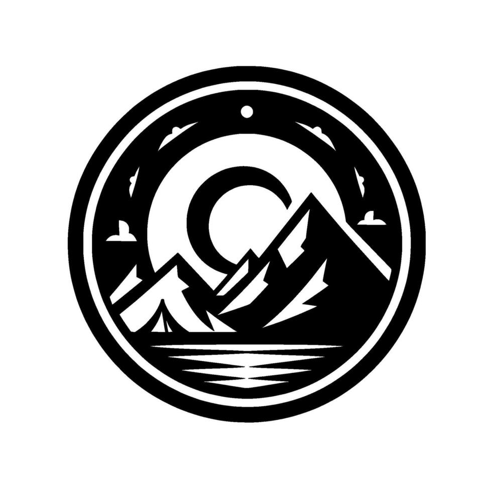Circular emblem of stylized mountain range with a crescent moon, lake, tent, birds, and a dot in the night sky. vector