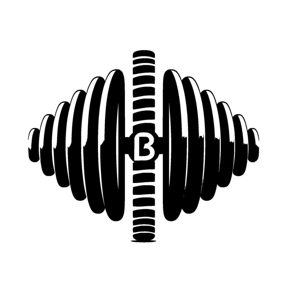 Stylized Black and White Dumbbell with Central B and Glossy Aesthetic, Evoking Strength and Fitness. vector