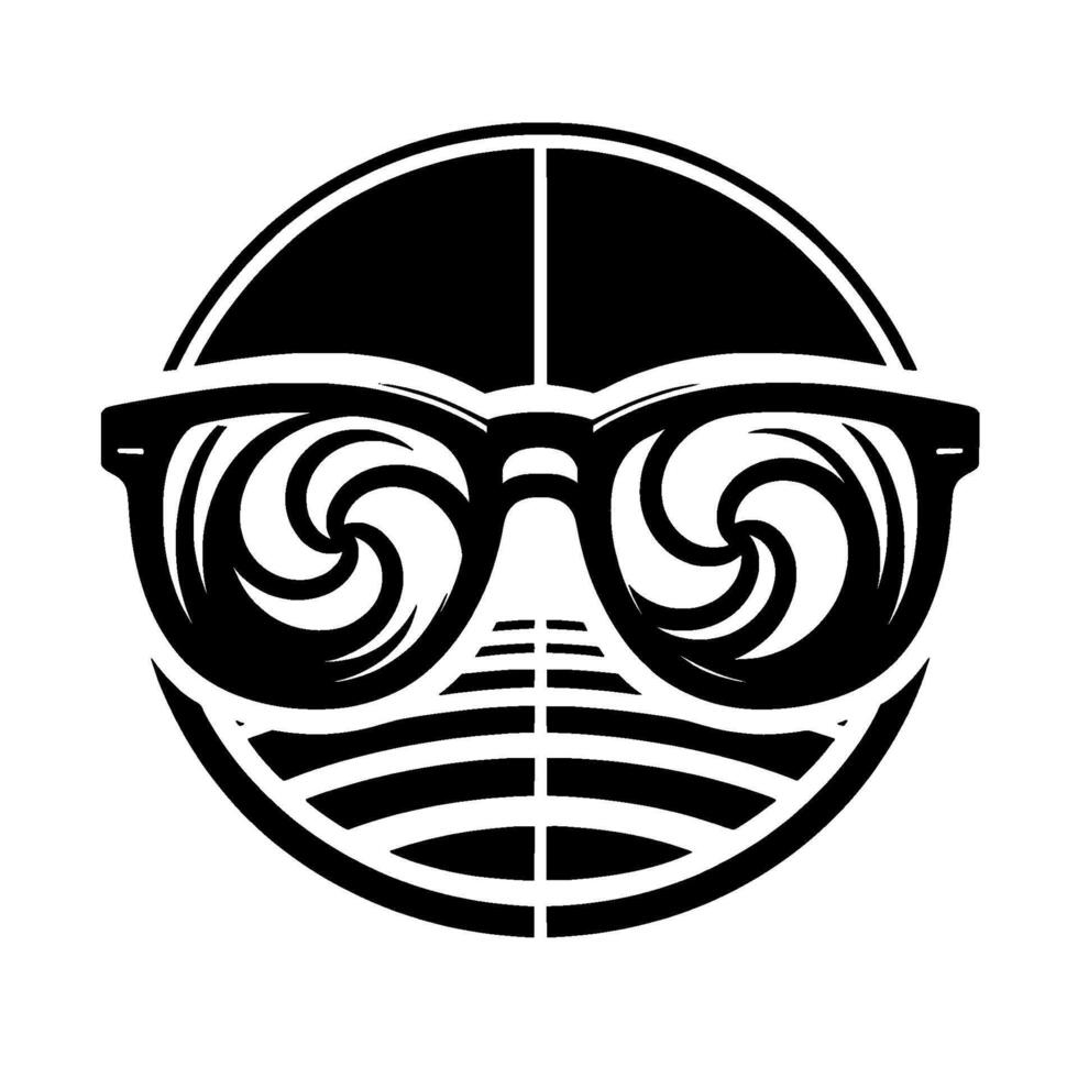 Stylized black and white of sunglasses with swirly reflections against a backdrop of horizontal and vertical lines, all within a circle. vector