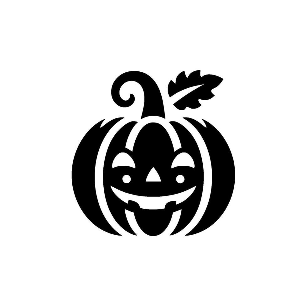 Festive Black and White Halloween Pumpkin Silhouette with Carved Face, Stem, and Leaf on a White Background. vector