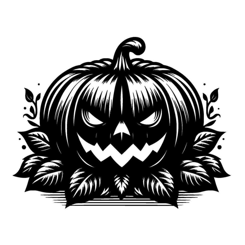 A menacing black and white Halloween Jackolantern, surrounded by leafy decorations, radiating a spooky, evil aura. vector