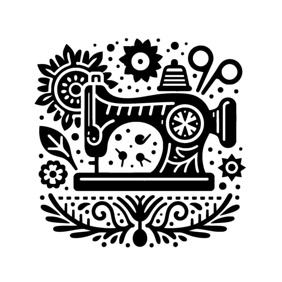 Black and White Folk Art Illustration of a Sewing Machine Surrounded by Floral Elements and Scissors on White. vector