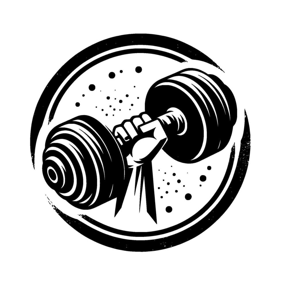 Strong hand gripping a dumbbell, inside a circle, black and white, artistic rendering, for fitness and gym logos or designs. vector