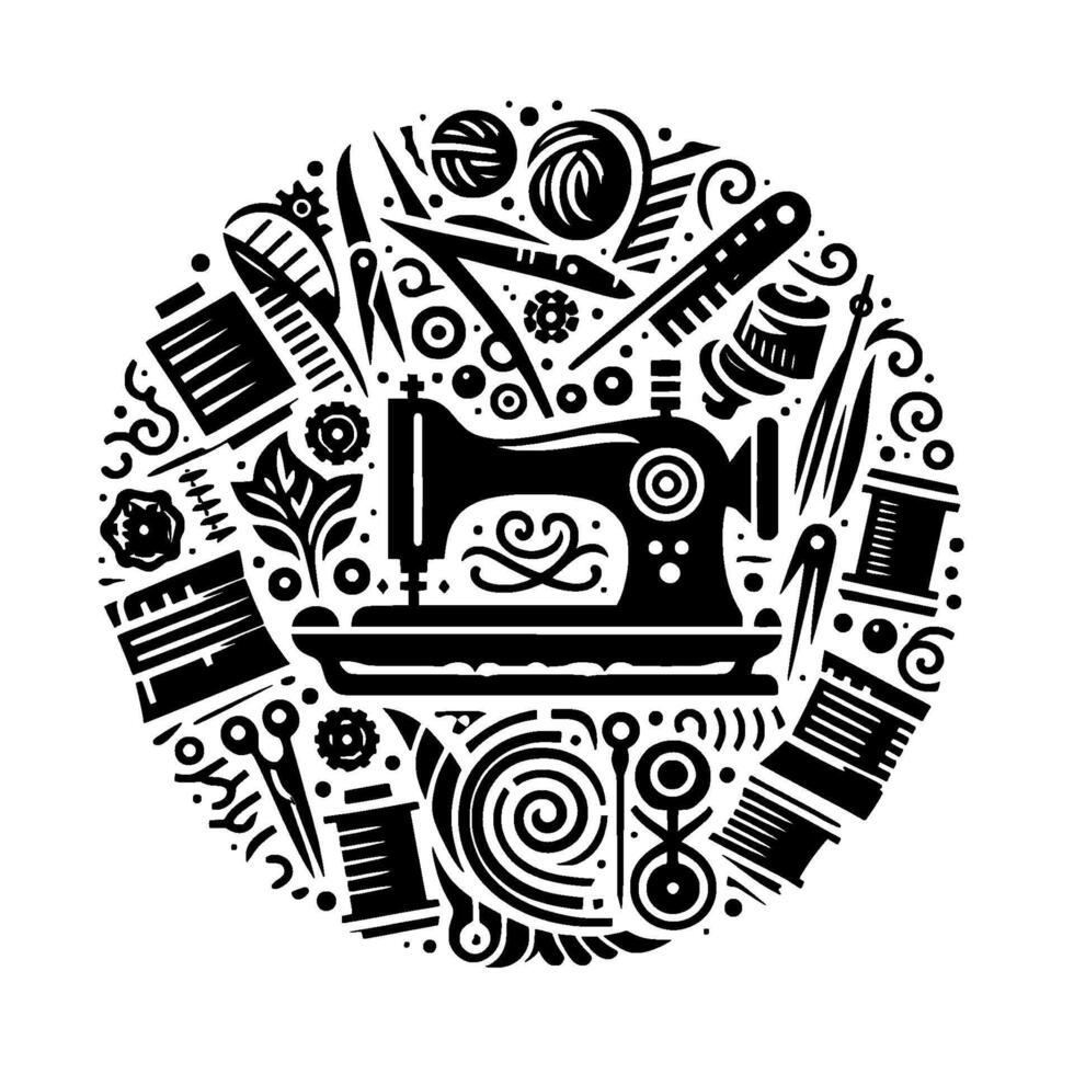 Intricate Black and White Circular Composition Featuring Sewing Machine, Tools, and Accessories Patterned Illustration vector