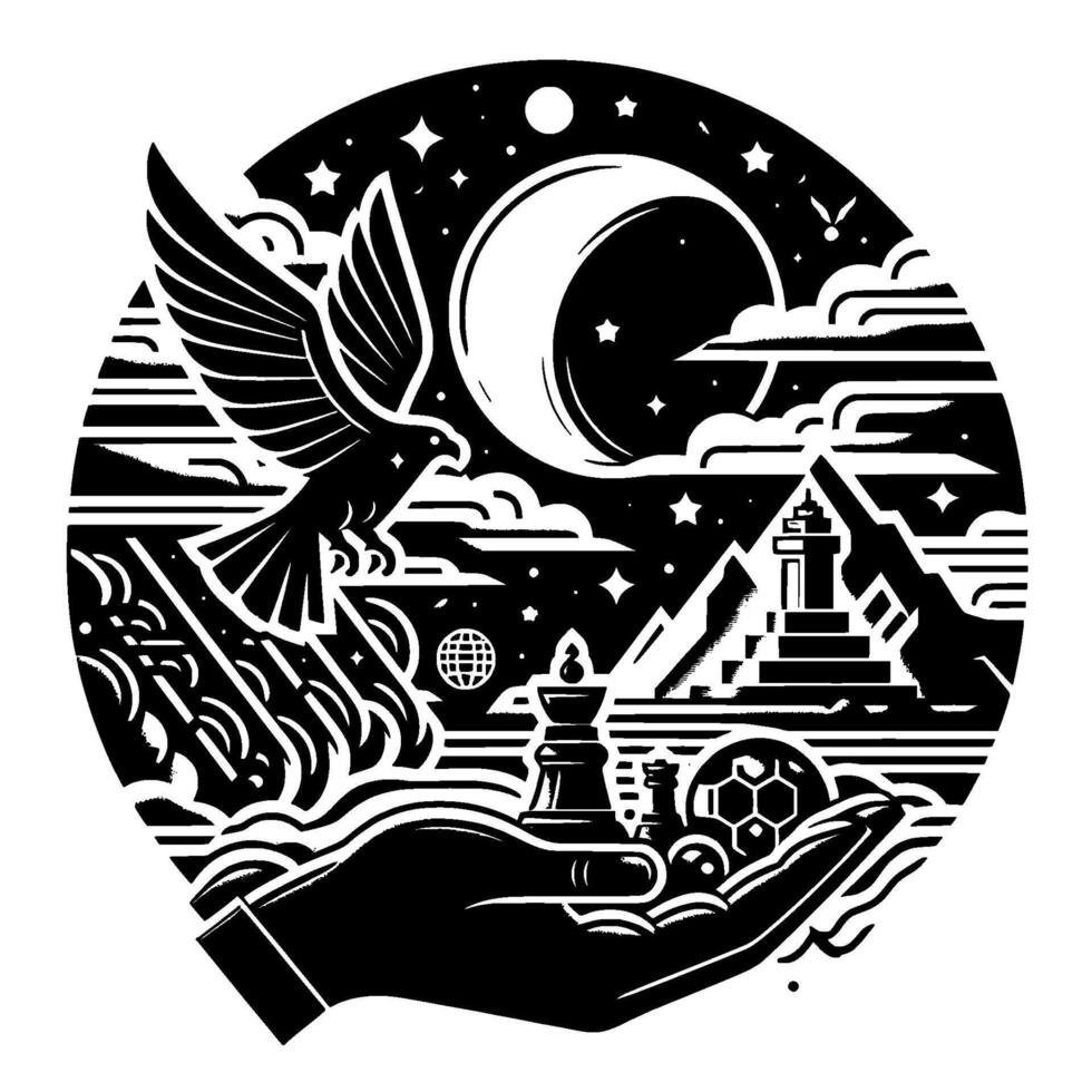 Symbolic Black and White Circular Composition Depicting a Hand Holding Chess Pieces, Mountains, Crescent Moon, and a Flying Eagle Under a Starry Sky. vector