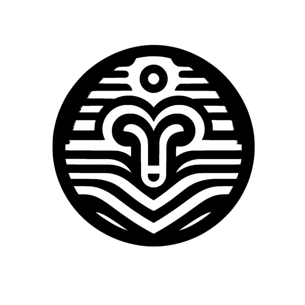 Minimalist Black and White Aries Zodiac Sign Symbol Inside a Circle with Horizontal Lines and a Shadow. vector