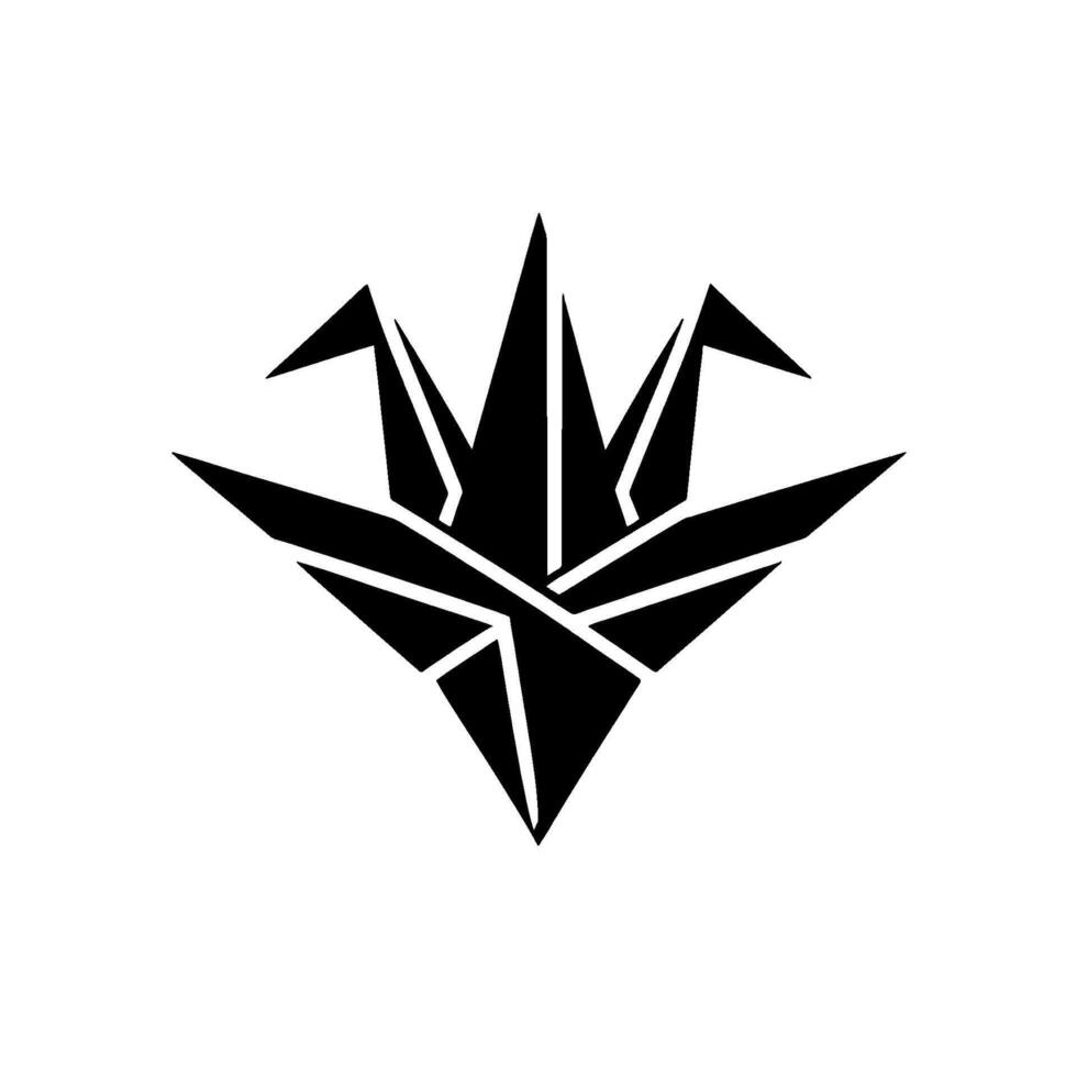 A symmetrical, minimalist black origami crane composed of sharp geometric shapes, set against a textured white backdrop. vector