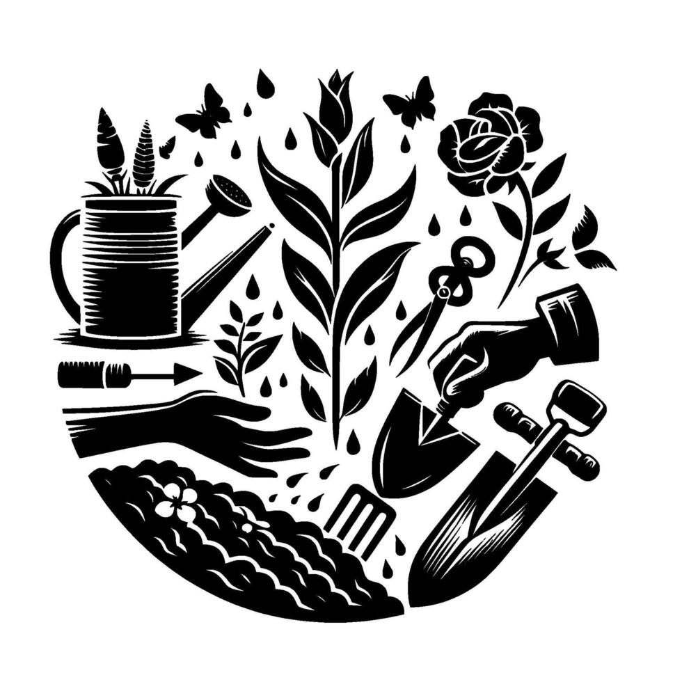 Black White Circular Garden Featuring Tools, Plants, Insects and Gardening Activities. vector