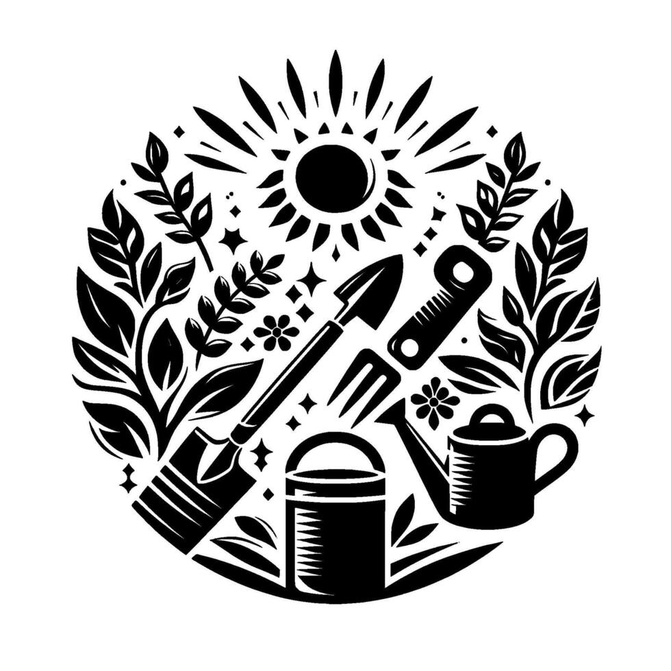 Circular garden emblem in black and white, showcasing gardening tools, plants, and sunburst elements. vector