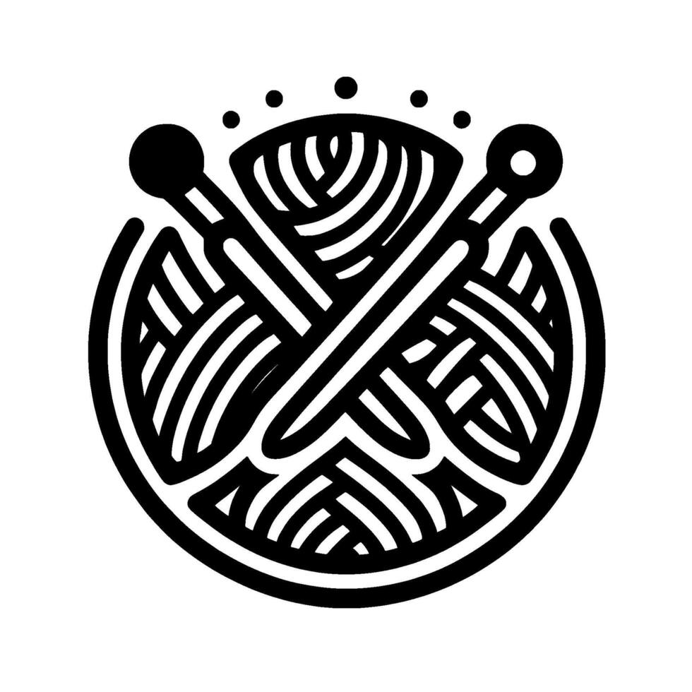 Bold, Minimalist Illustration of a Yarn Ball with Crossed Knitting Needles, Monochromatic . vector