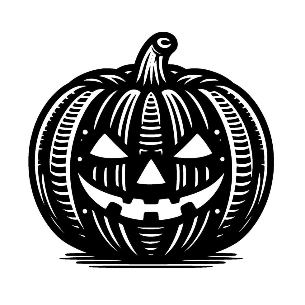 A bold black and white minimalist illustration of a carved jackolantern pumpkin with a friendly yet spooky smile. vector
