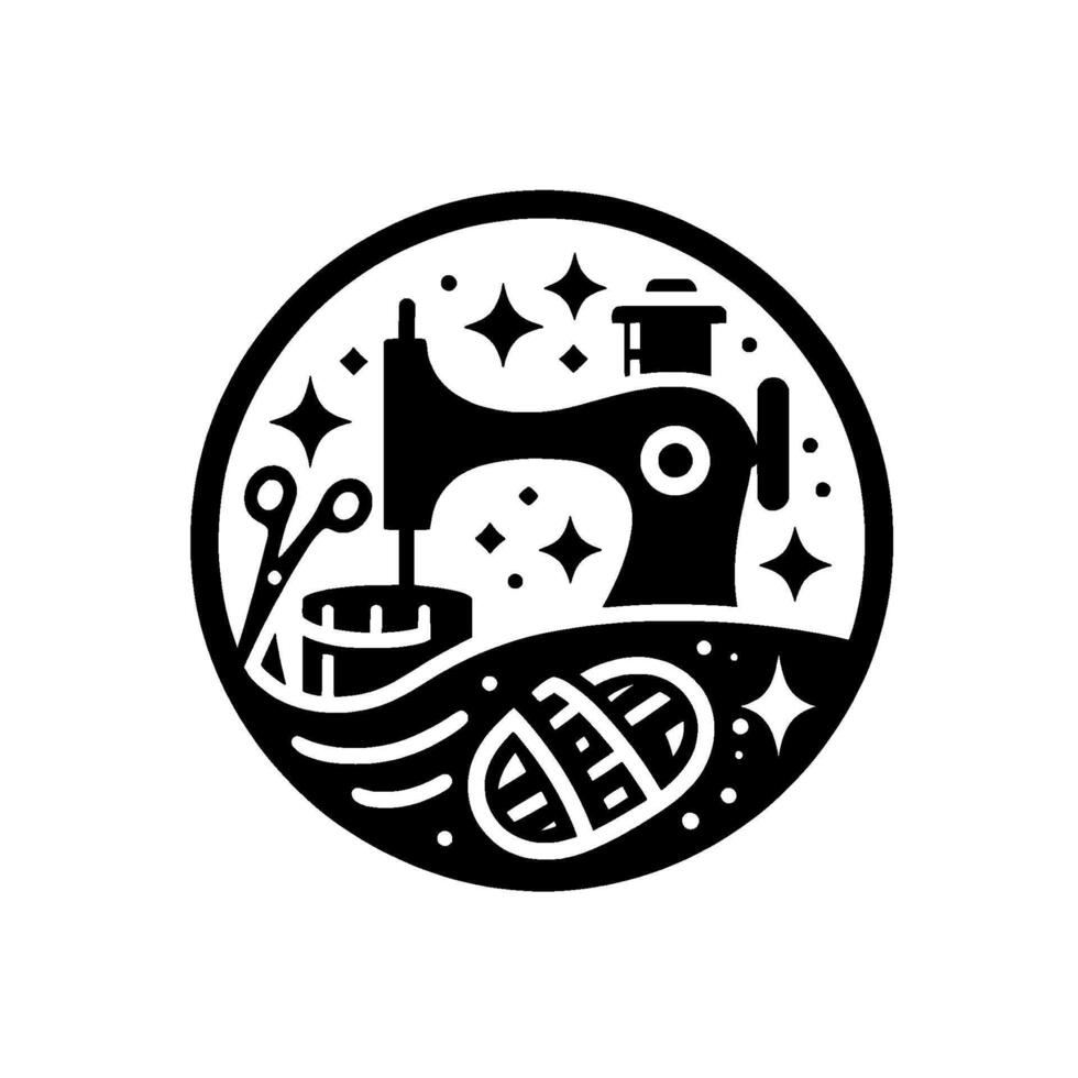 Black and White Circular Illustration of a Sewing Machine, Scissors, Thread, and Stars, for a Tailor or Crafting Theme. vector