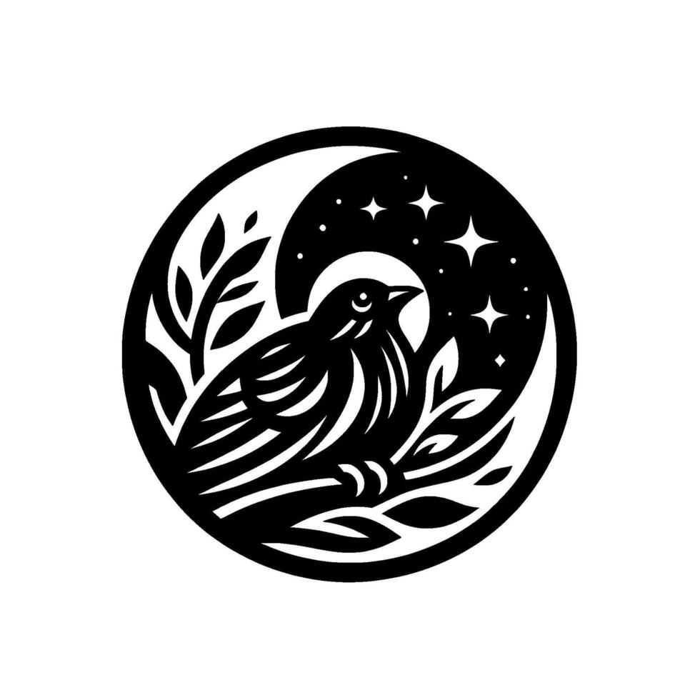 Serene Night Bird Intricate black and white illustration of a bird nestled in foliage within a crescent moon, surrounded by stars, in a circular frame. vector