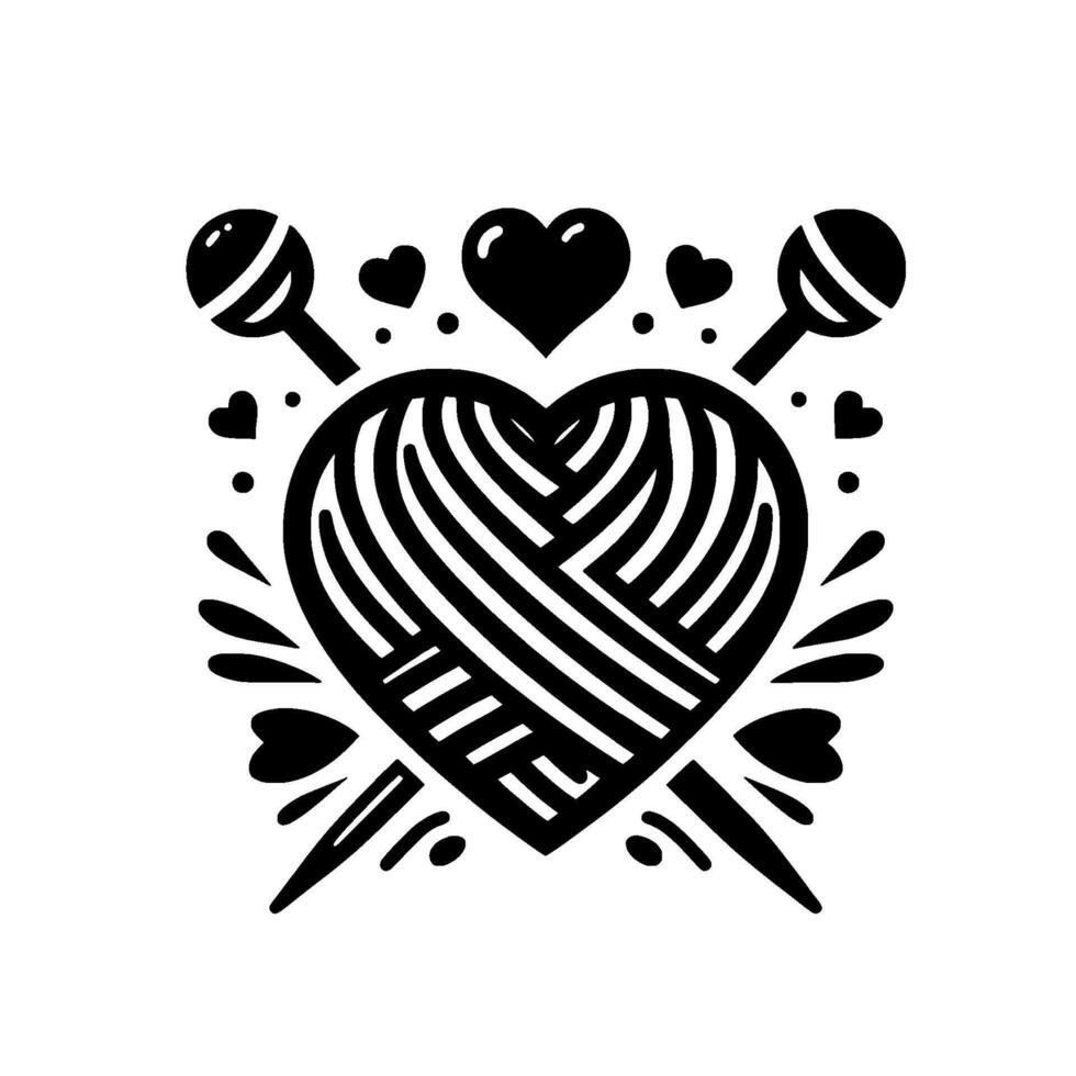 Black and white illustration of a heartshaped yarn ball pierced by knitting needles, surrounded by hearts and decorative elements. vector