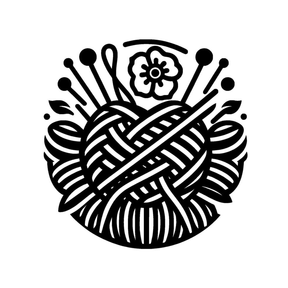 Intricate black and white illustration depicting a heartshaped yarn ball, knitting needles, flower, and leaves, symbolizing craft and creation. vector