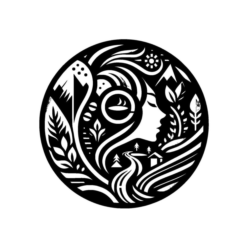 A circular black and white depicting a womans silhouette intertwined with a nature scene, featuring mountains, trees, a road, and a house. vector