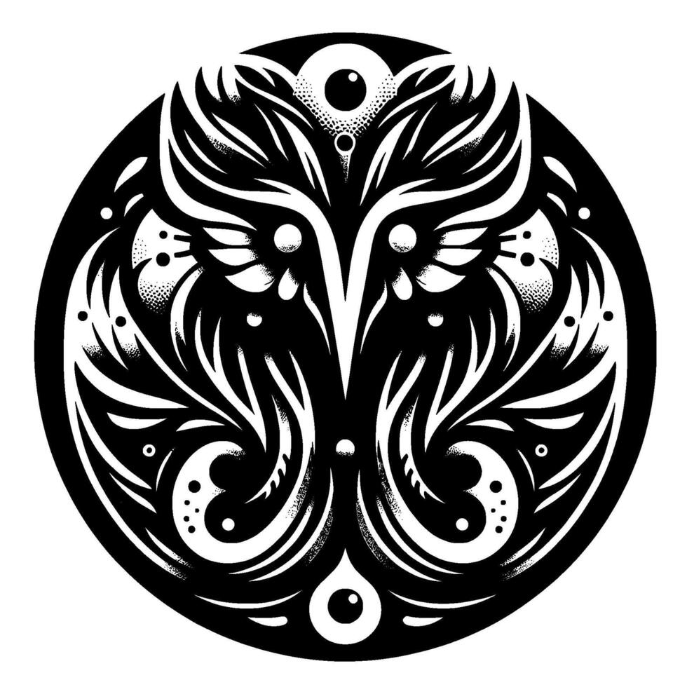 Intricate symmetrical black and white circular featuring organic floral and eyelike motifs, suggestive of a spiritual symbol or stylized owl. vector