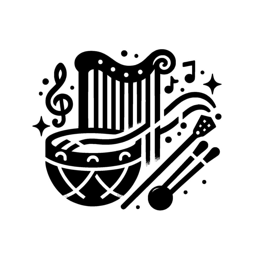 Black and White Musical Ensemble Harp, Drum, Treble Clef, Music Notes, and Mallets, Celebrating Sound and Rhythm. vector