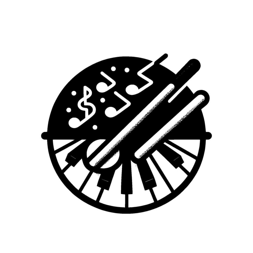 A stylized monochrome music featuring a piano keyboard, musical notes within a circle, and drumsticks for a rhythmic visual. vector