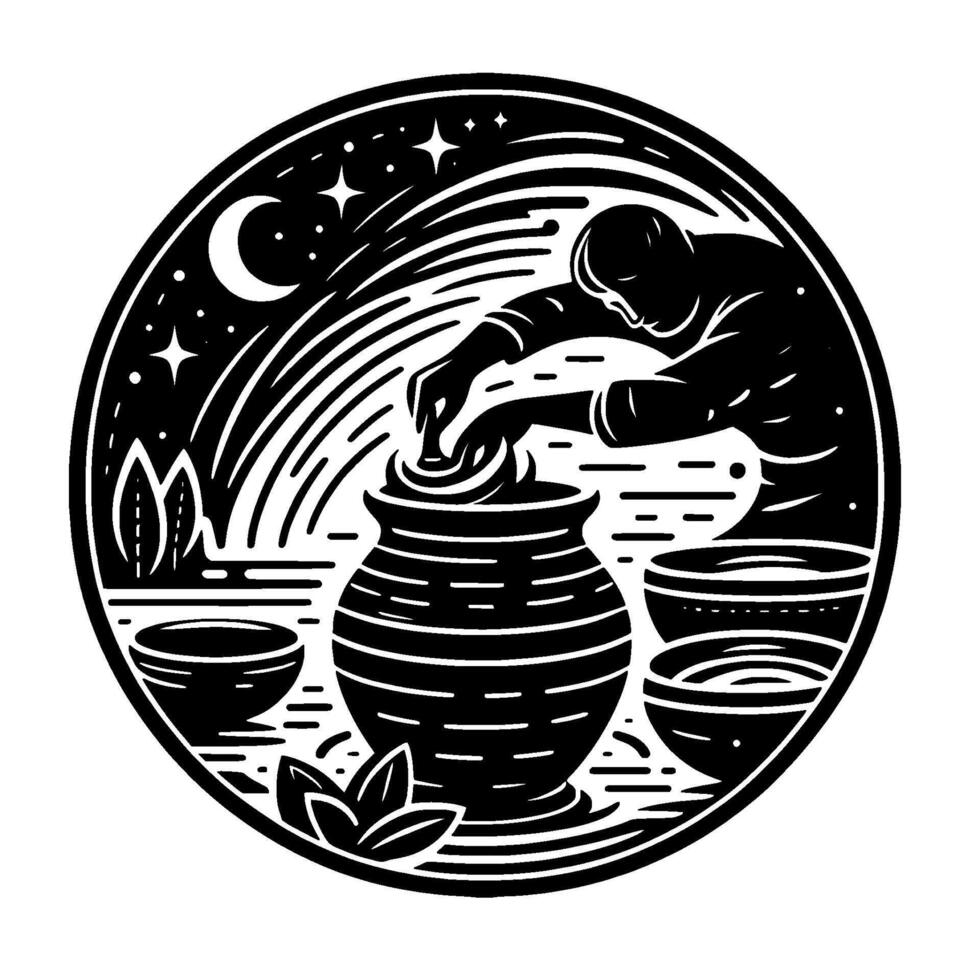 A potter working under a starlit, crescentmoon sky, shaping a clay vessel on a wheel surrounded by other pottery in a circular emblem. vector