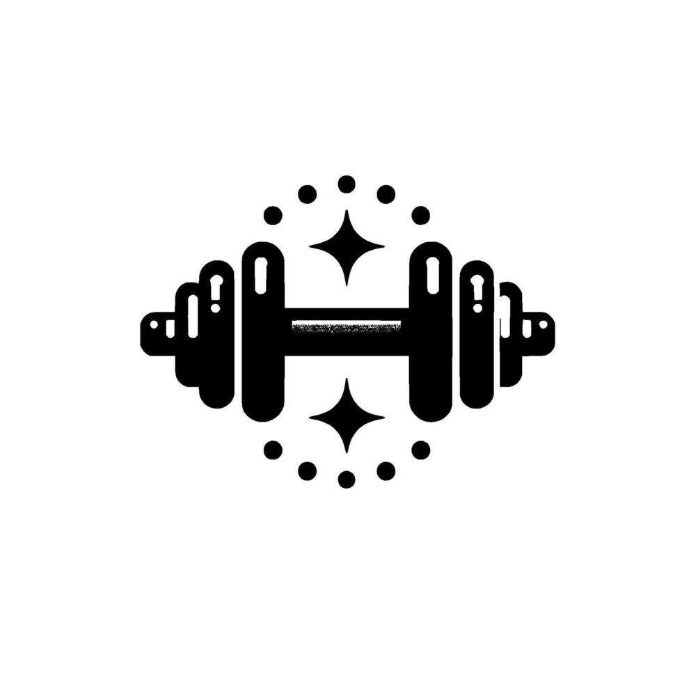 Stylized Black Dumbbell with Starburst and Dots, Minimalist Gym on White Background. vector