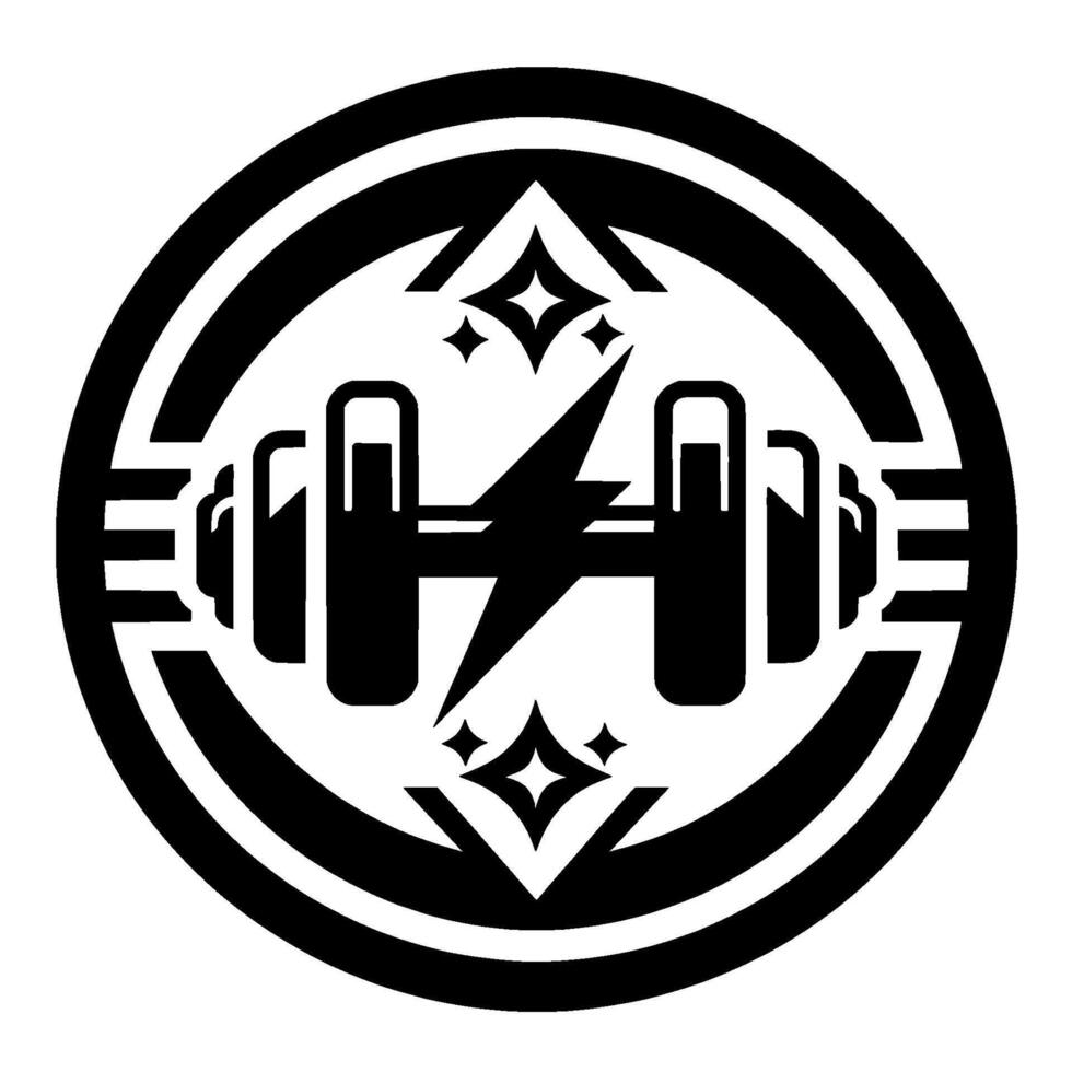 Emblemic Black and White Fitness Barbell, Lightning Bolt, Stars, and Circular Frame, Energetic Strength vector