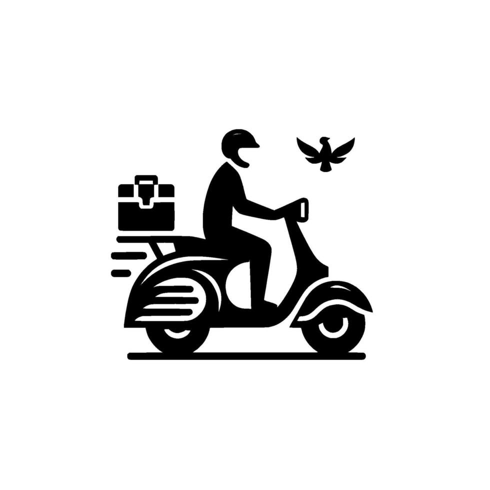 Black and white minimalist illustration of a courier on a scooter, carrying a briefcase, with a flying bird. vector