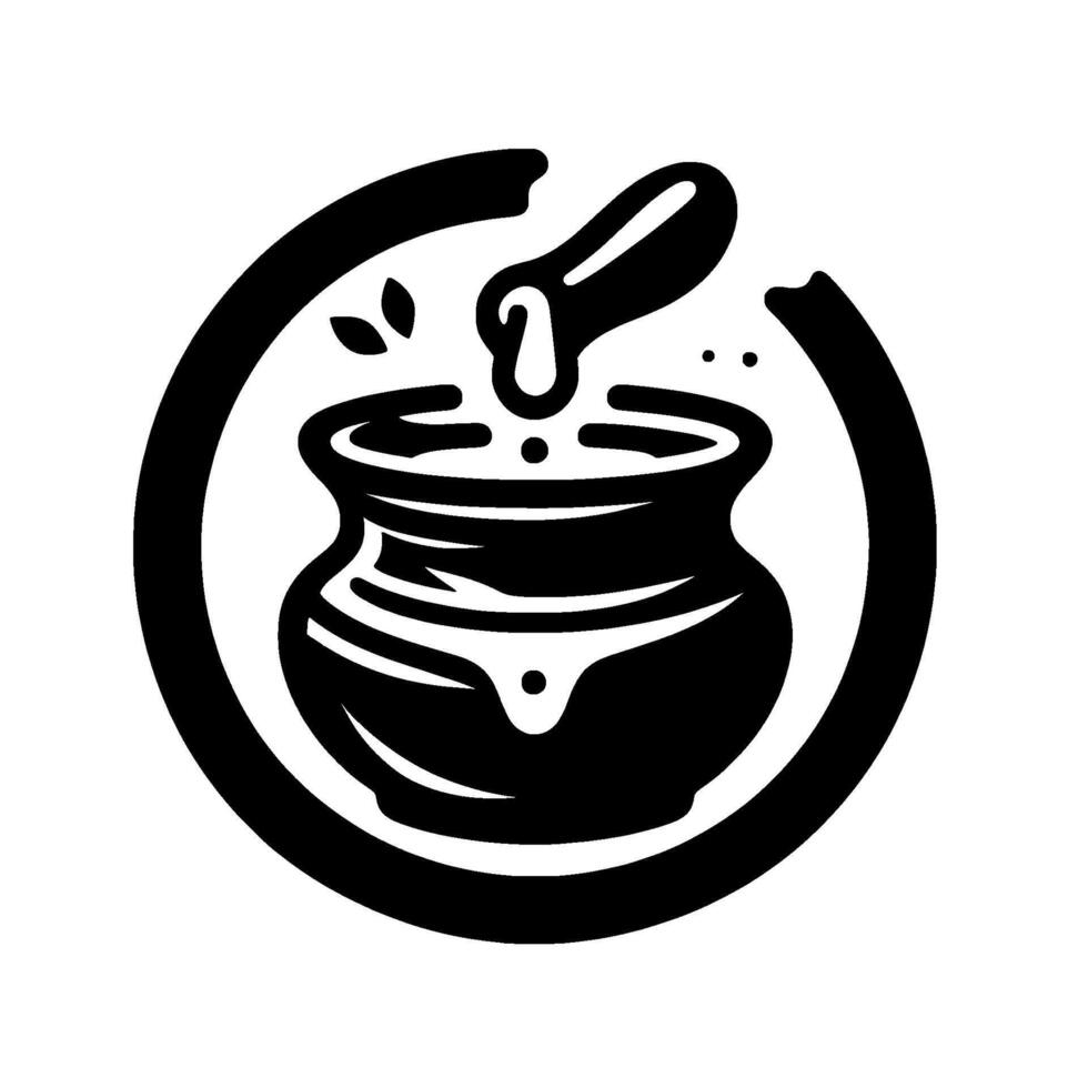 Simplified Black and White Pot of Honey , Spoon Pouring with Drops and Leafy Accents inside a Circular Frame vector