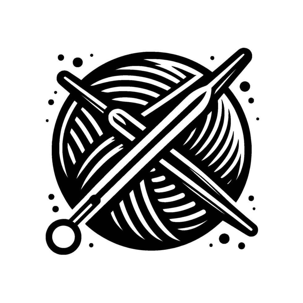 Black and white stylized illustration crossed knitting needles and a ball of yarn, surrounded by small dots. vector