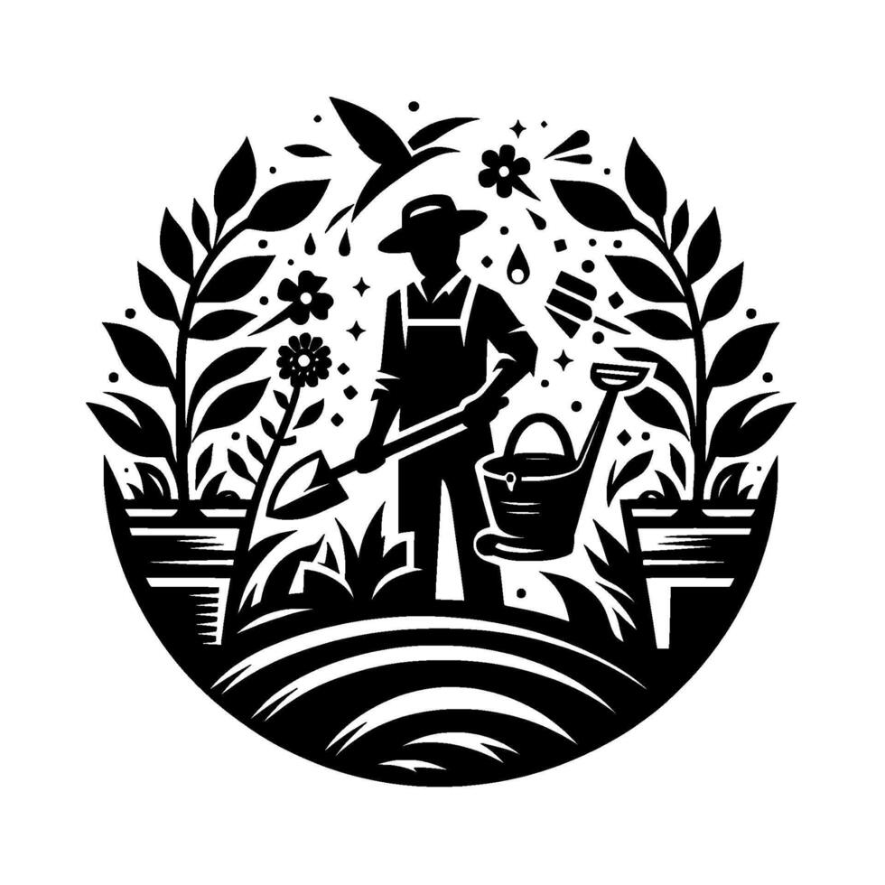 Silhouette of a Gardener with Tools, surrounded by plants, flowers, and a bird, inside a circular frame. vector