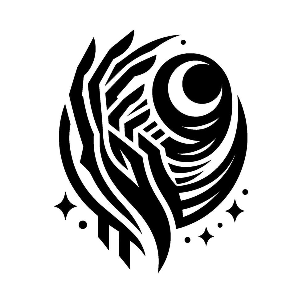 Stylized Monochrome Celestial Emblem with Crescent Moon, Starbursts, and Organic Geometric Hand Gestures, Symbolic vector