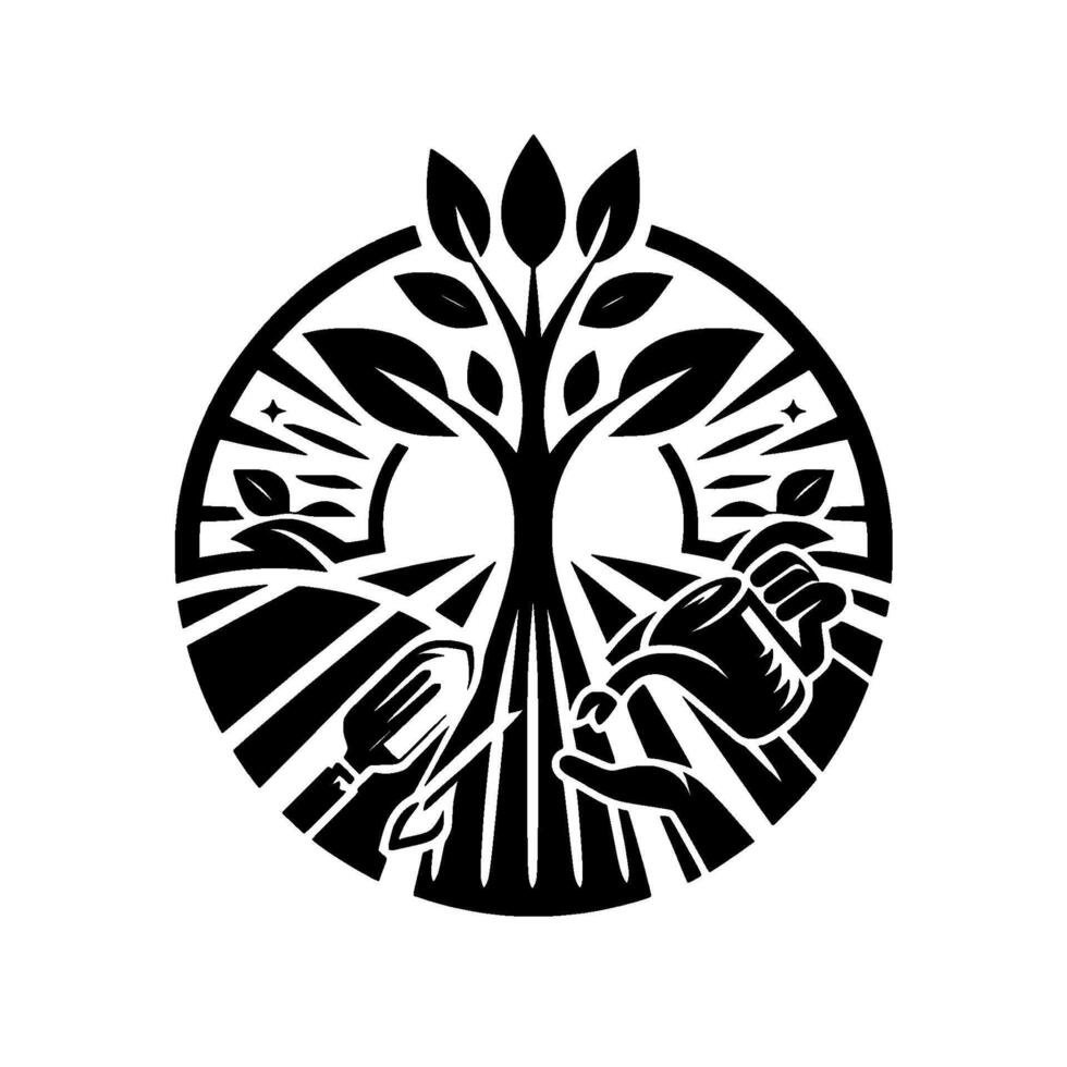Symbolic Black and White Illustration of Gardening, Representing Growth, Nurturing, and Harmony in a Circular Frame. vector